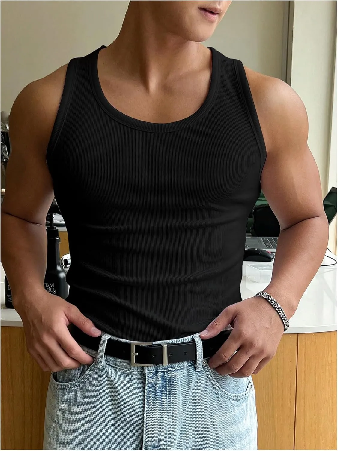 Men's Summer Tank Top Scoop Neck Knit Gym Workout Muscle Tank Undershirt Sleeveless Shirts