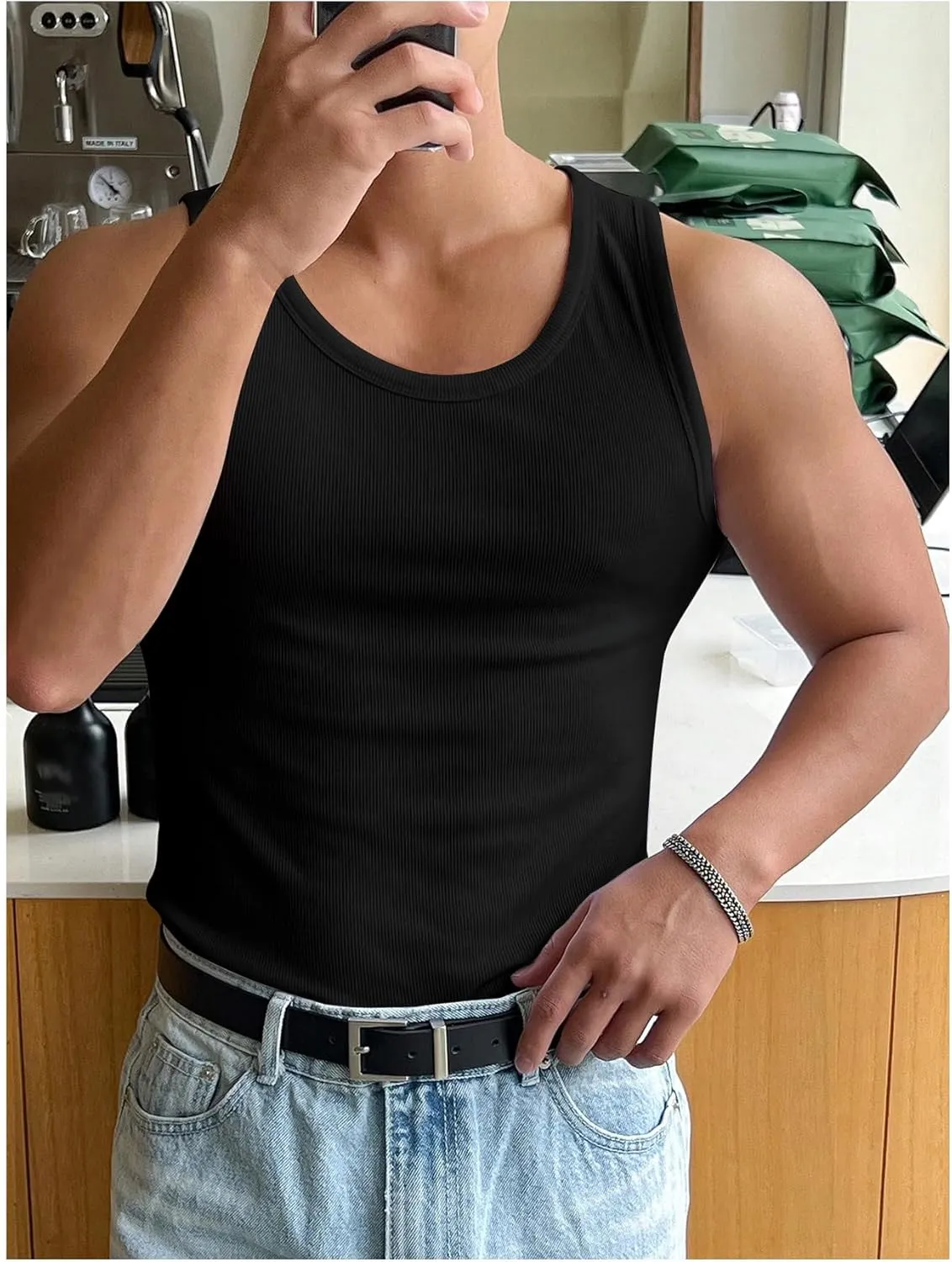 Men's Summer Tank Top Scoop Neck Knit Gym Workout Muscle Tank Undershirt Sleeveless Shirts
