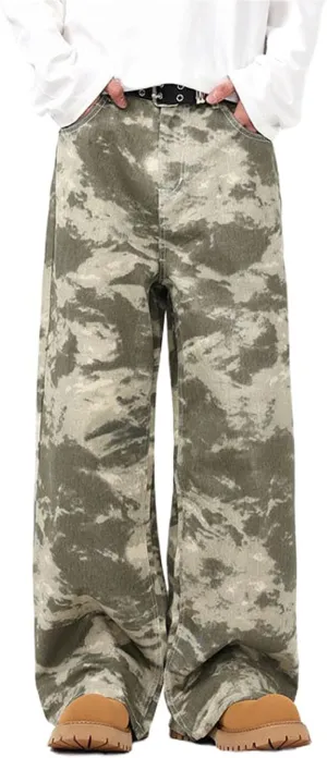 Mens Teen Boys Camo Printed Baggy Jeans Mid Rise Loose Fit Camouflage Skater Y2k Wide Leg Streetwear Denim Pants