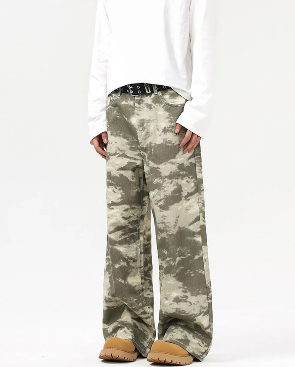 Mens Teen Boys Camo Printed Baggy Jeans Mid Rise Loose Fit Camouflage Skater Y2k Wide Leg Streetwear Denim Pants