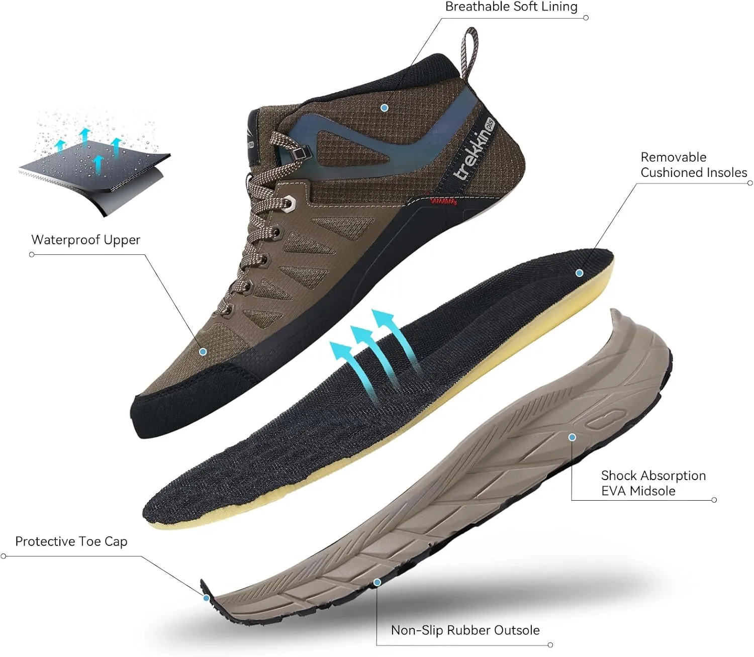 Men's Waterproof Slip Resistant Outdoor Ankle High Boots Trails Womens Relaxed Fit Lightweight Hiking Walking Casual Hunting Workout Shoes Rainproof Lace up