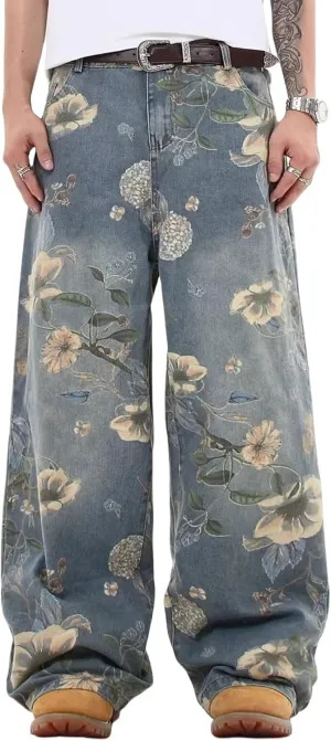 Mens Wide Leg Baggy Jeans Y2k Flower Graphic Skater Jeans Loose Fit Denim Pants for Men