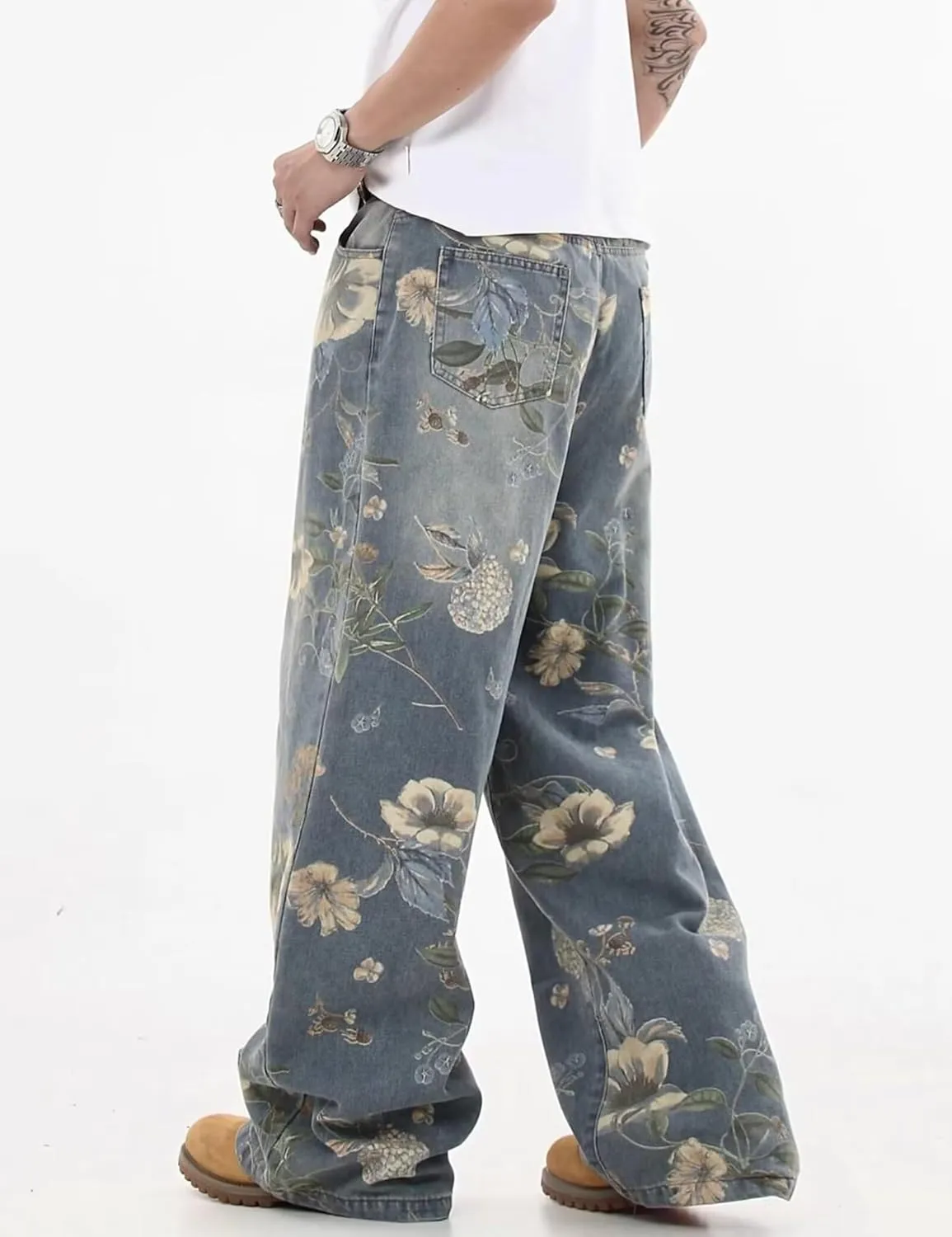 Mens Wide Leg Baggy Jeans Y2k Flower Graphic Skater Jeans Loose Fit Denim Pants for Men