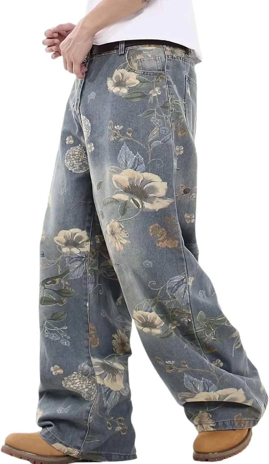 Mens Wide Leg Baggy Jeans Y2k Flower Graphic Skater Jeans Loose Fit Denim Pants for Men