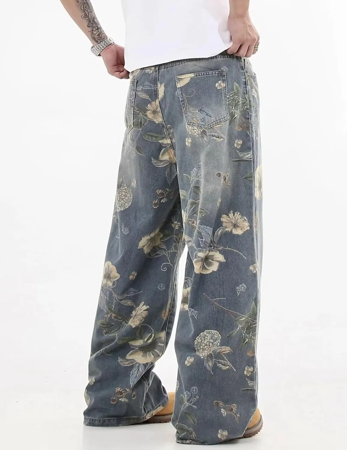 Mens Wide Leg Baggy Jeans Y2k Flower Graphic Skater Jeans Loose Fit Denim Pants for Men
