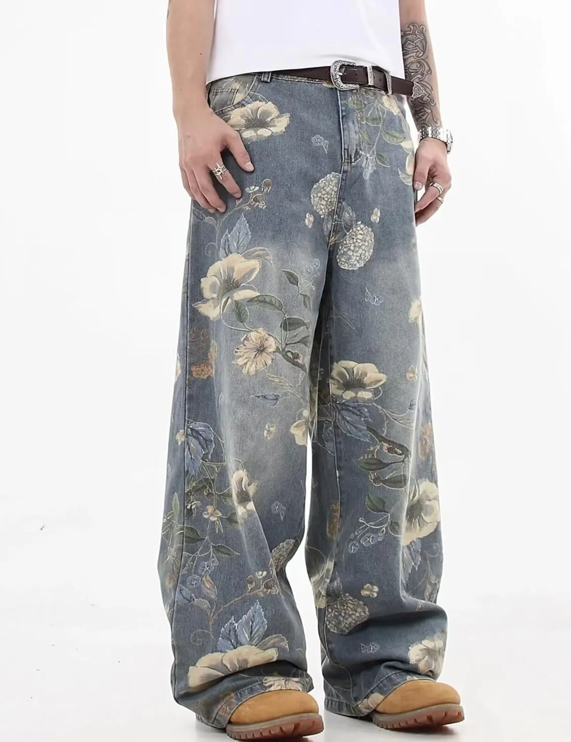 Mens Wide Leg Baggy Jeans Y2k Flower Graphic Skater Jeans Loose Fit Denim Pants for Men