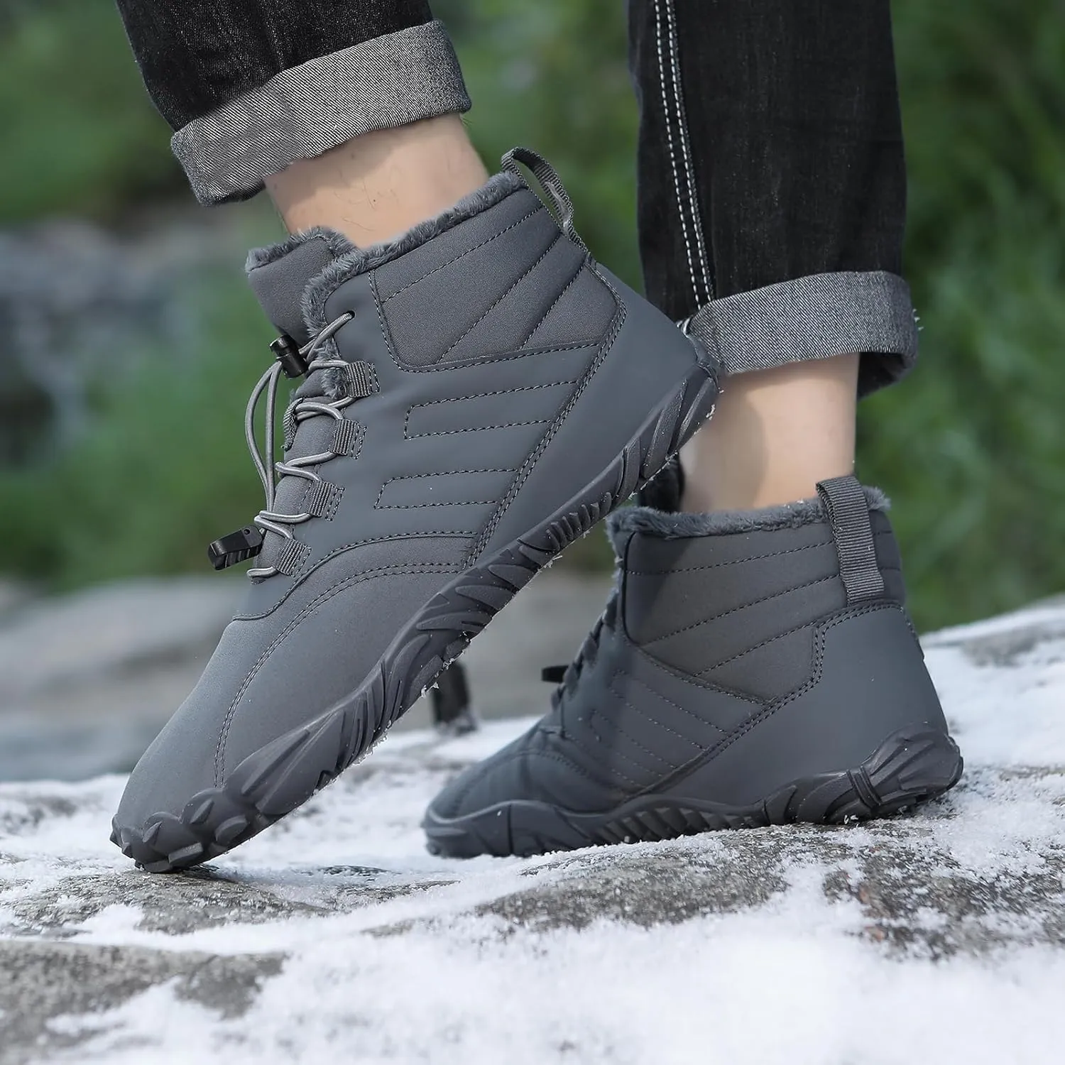 Mens Winter Barefoot Hiking Boots Slip-On Warm Zero Drop Snow Boots with Wide Toe Box Ankle Bootie Cut Minimalist Waterproof Five-Finger Sneakers for Hiking Walking Outdoor Adventures Unisex Design