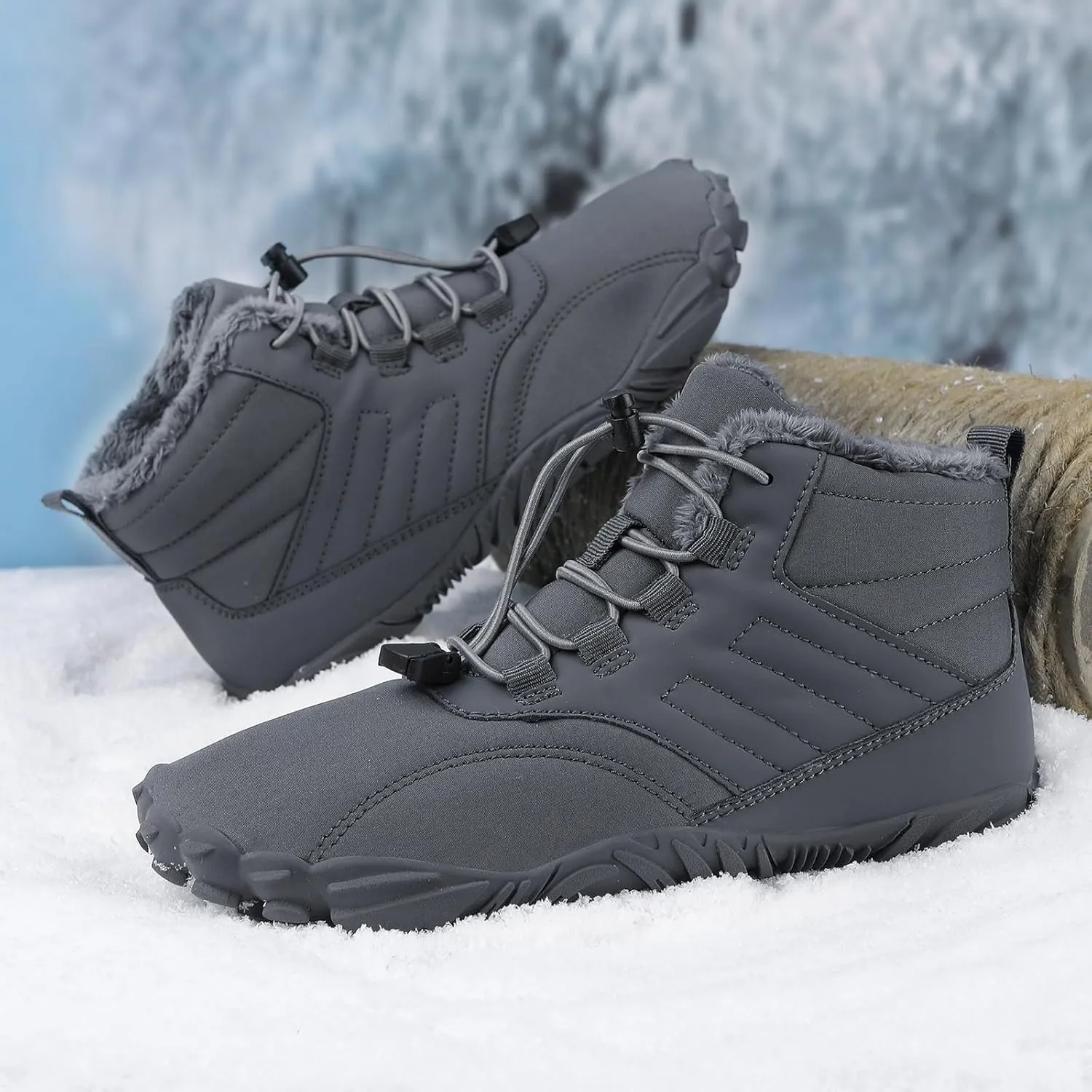 Mens Winter Barefoot Hiking Boots Slip-On Warm Zero Drop Snow Boots with Wide Toe Box Ankle Bootie Cut Minimalist Waterproof Five-Finger Sneakers for Hiking Walking Outdoor Adventures Unisex Design