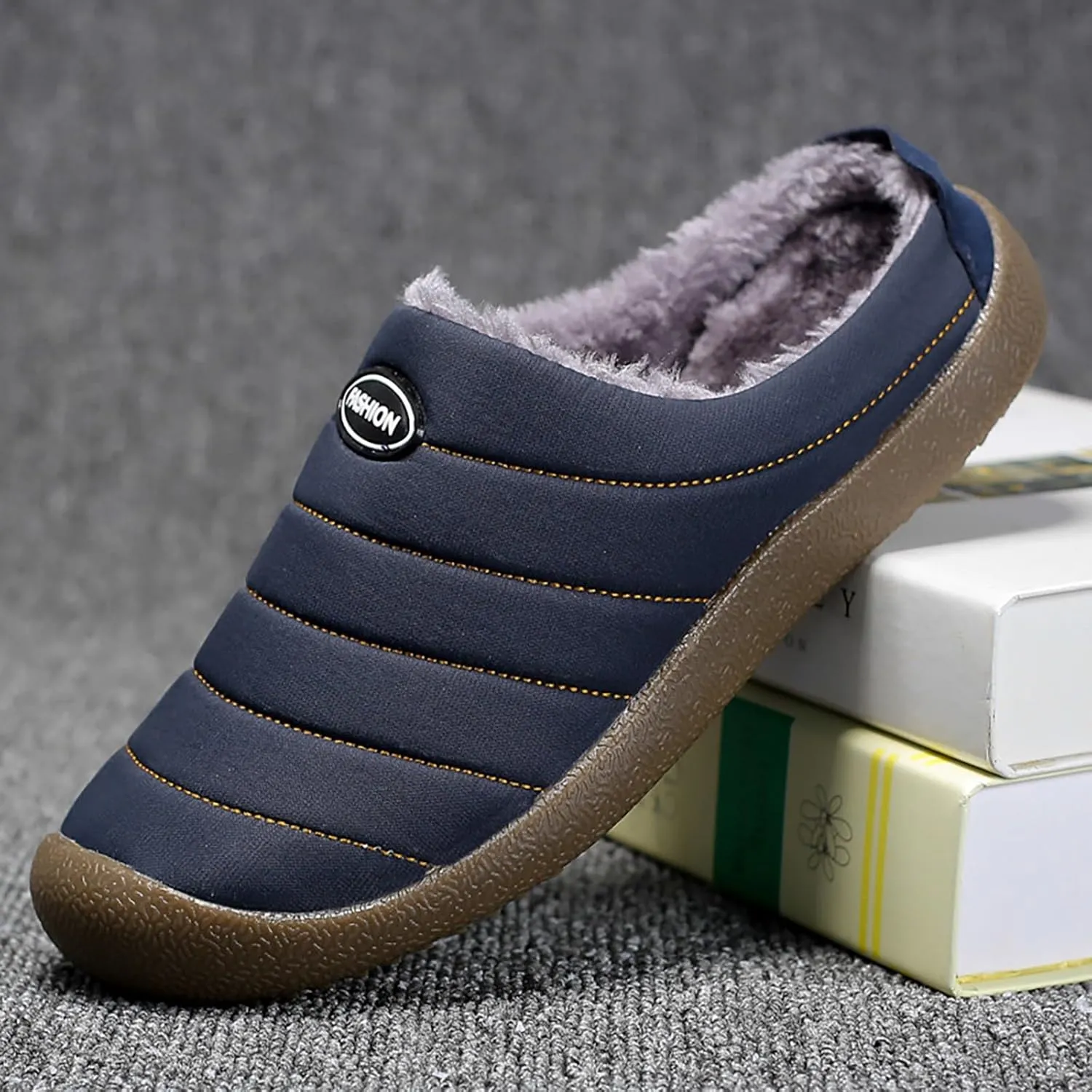 Mens Winter Boots Waterproof Snow Shoes, Unisex Hiking Footwear Slip-On Ankle Booties, High Top Womens Warm Slippers with Fuzzy Plush Lining Non-Slip Fur Lined Outdoor Sneakers