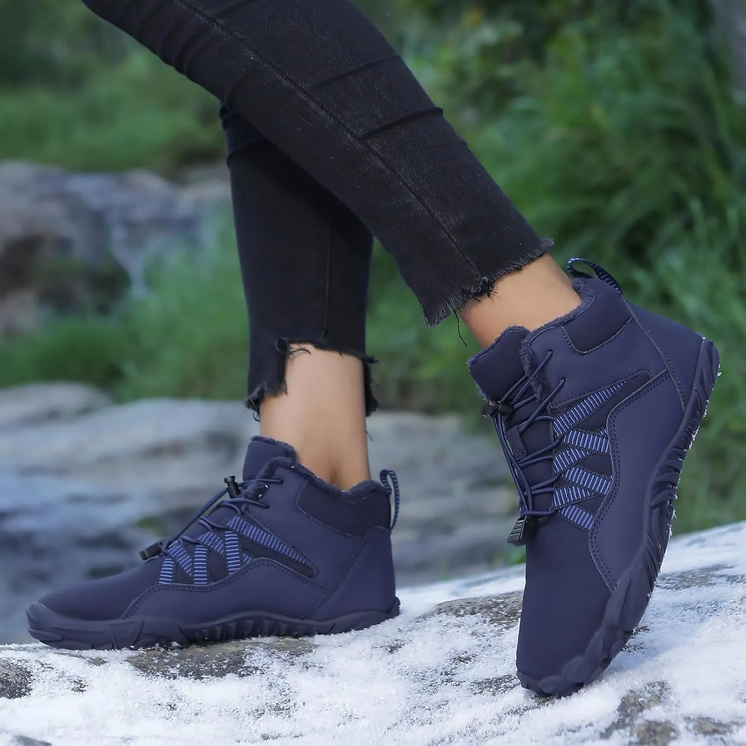 Men's Women's Winter Snow Boots, Slip On Warm Fur Lined Zero Drop Barefoot Hiking Boots, Wide Toe Box Ankle Booties, Minimalist Waterproof Non-Slip Sneakers Hike Shoes for Hiking Walking Outdoor