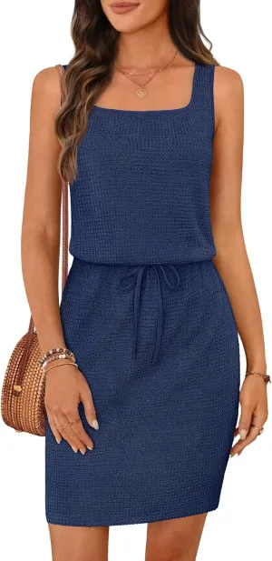 MEROKEETY Women's Summer Mini Sundress Casual Waffle Knit Square Neck Drawstring Beach Tank Dresses
