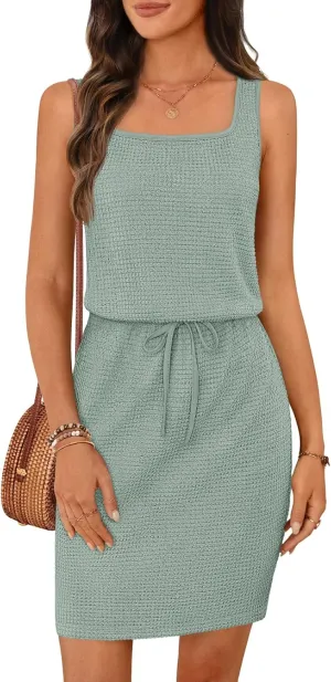 MEROKEETY Women's Summer Mini Sundress Casual Waffle Knit Square Neck Drawstring Beach Tank Dresses