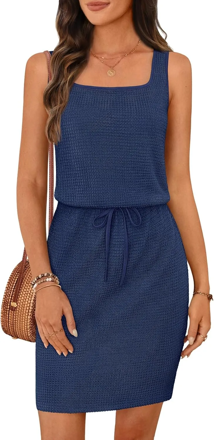 MEROKEETY Women's Summer Mini Sundress Casual Waffle Knit Square Neck Drawstring Beach Tank Dresses