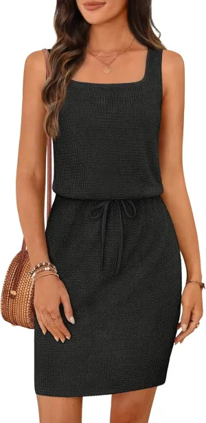 MEROKEETY Women's Summer Mini Sundress Casual Waffle Knit Square Neck Drawstring Beach Tank Dresses