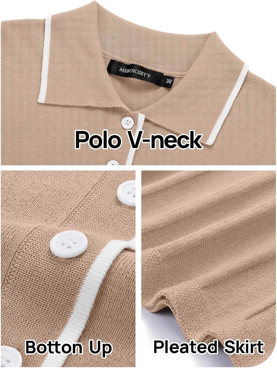 MEROKEETY Women's Summer Ribbed Knit Midi Dresses Short Sleeve V Neck Button A Line Swing Sweater Dress
