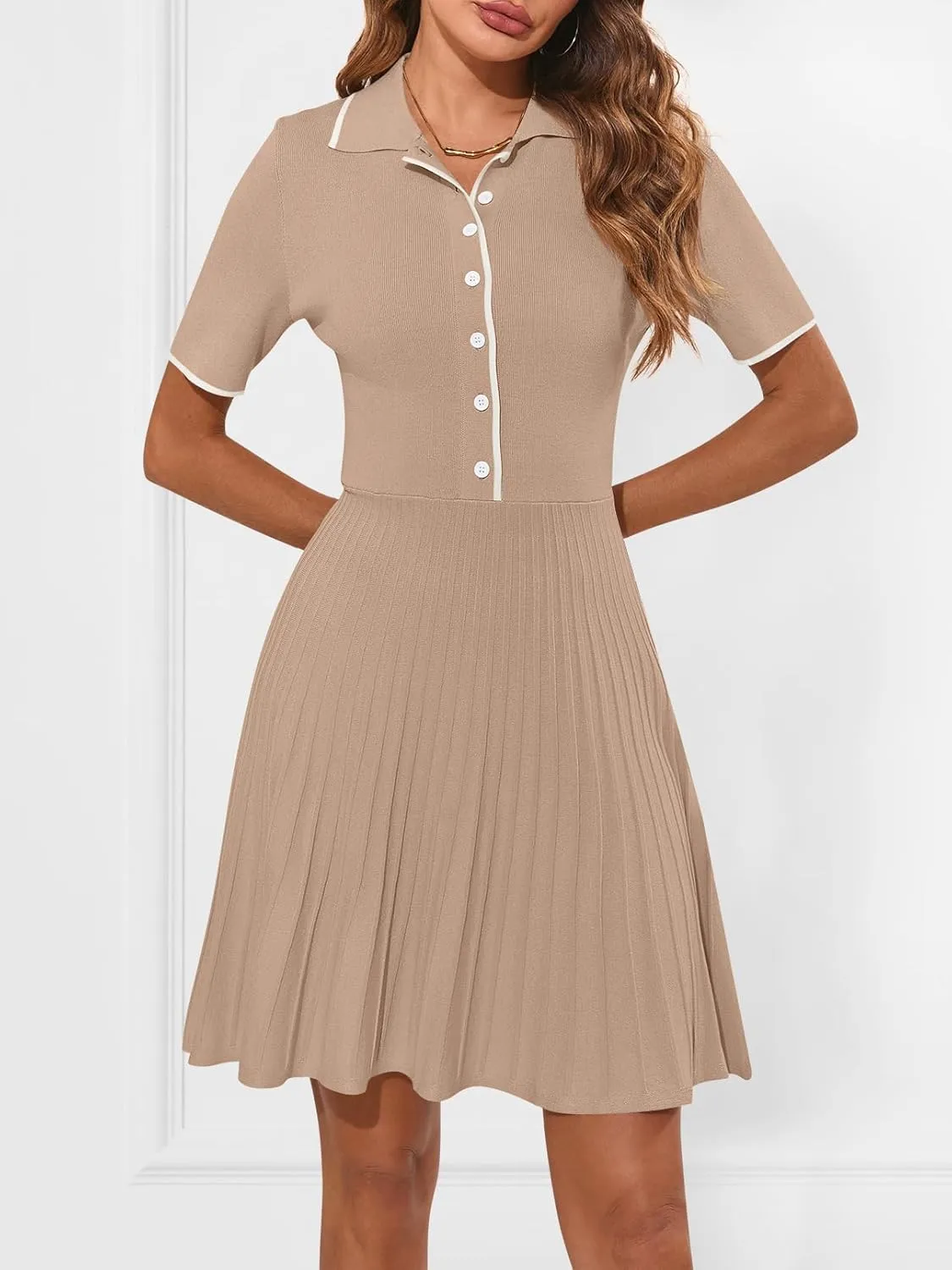 MEROKEETY Women's Summer Ribbed Knit Midi Dresses Short Sleeve V Neck Button A Line Swing Sweater Dress