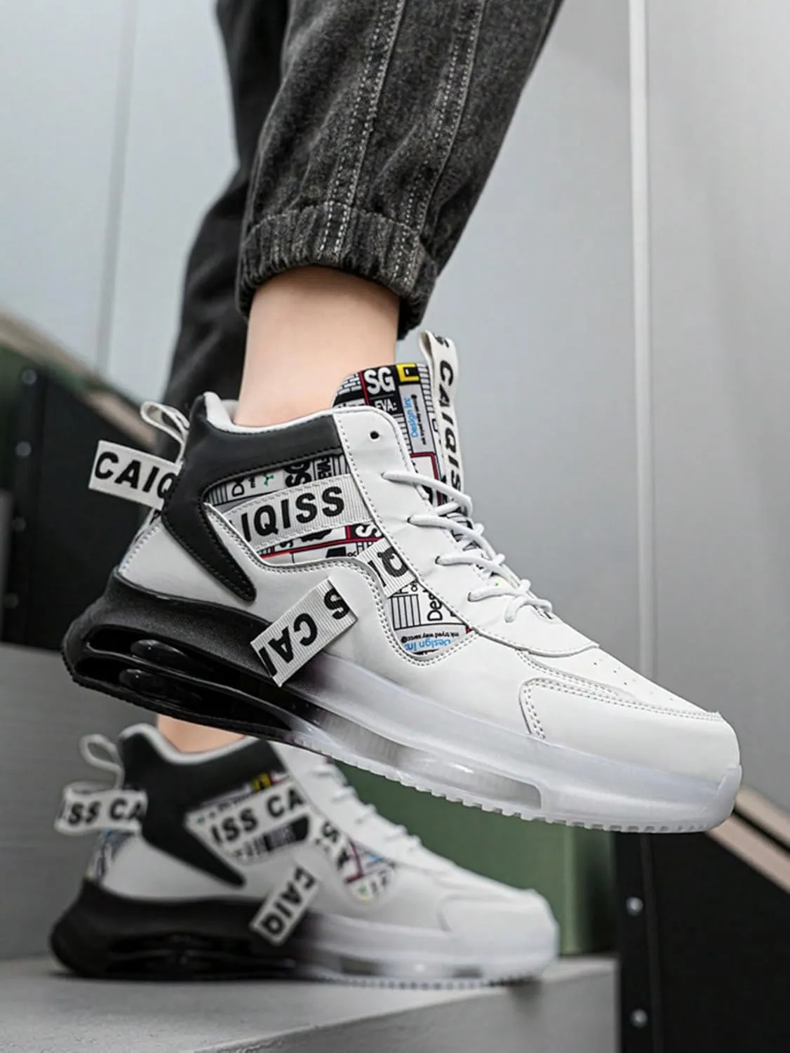 Mesh PU Stylish High Top Air Cushion Sneakers   for Outdoor Walking Travel Gym Casual Sports   Shock Absorbing Non Slip Sole Unisex Streetwear Comfort Fit