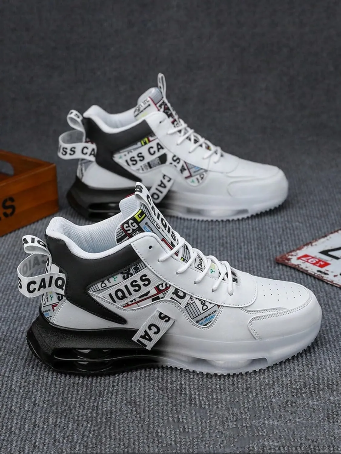 Mesh PU Stylish High Top Air Cushion Sneakers   for Outdoor Walking Travel Gym Casual Sports   Shock Absorbing Non Slip Sole Unisex Streetwear Comfort Fit