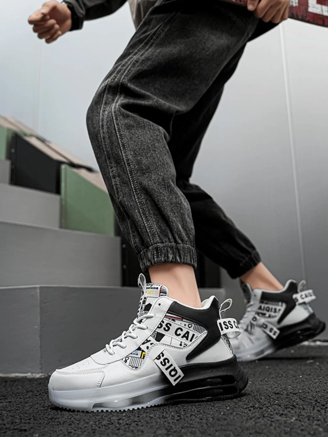 Mesh PU Stylish High Top Air Cushion Sneakers   for Outdoor Walking Travel Gym Casual Sports   Shock Absorbing Non Slip Sole Unisex Streetwear Comfort Fit