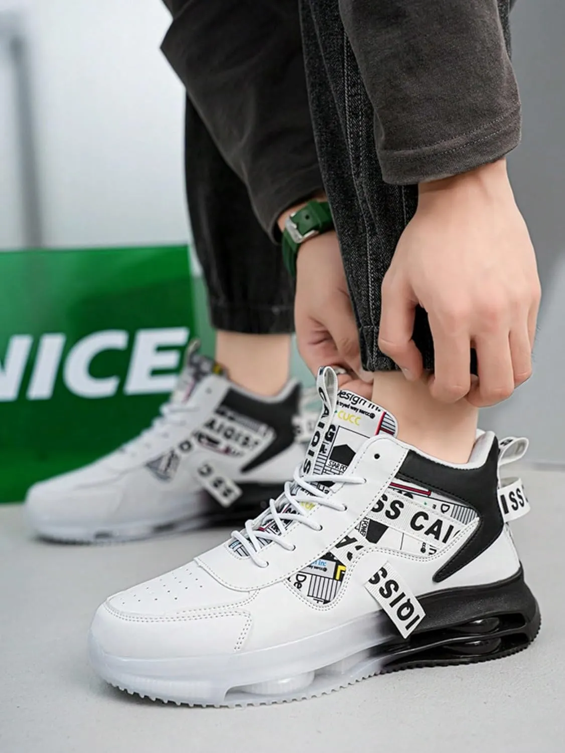 Mesh PU Stylish High Top Air Cushion Sneakers   for Outdoor Walking Travel Gym Casual Sports   Shock Absorbing Non Slip Sole Unisex Streetwear Comfort Fit