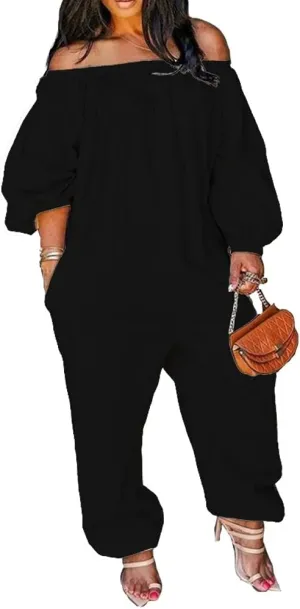 MESLIMA Women's Loose Fit Elastic Off Shoulder Beam Foot Long Sleeve Jumpsuit Rompers with Pockets Plus Size
