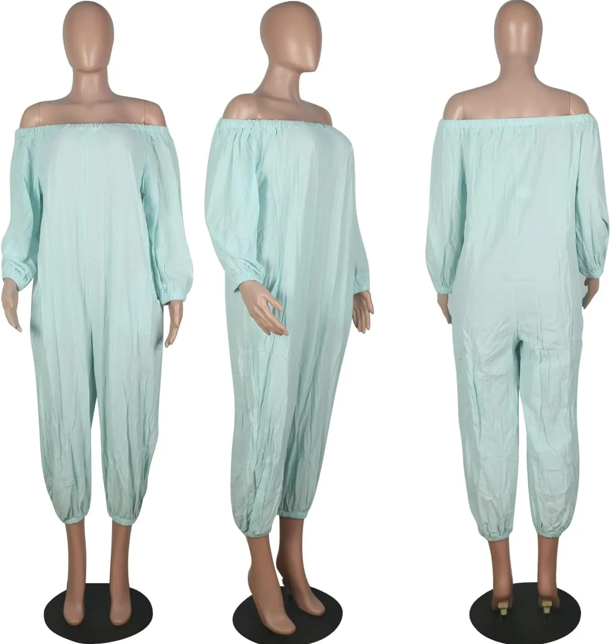 MESLIMA Women's Loose Fit Elastic Off Shoulder Beam Foot Long Sleeve Jumpsuit Rompers with Pockets Plus Size