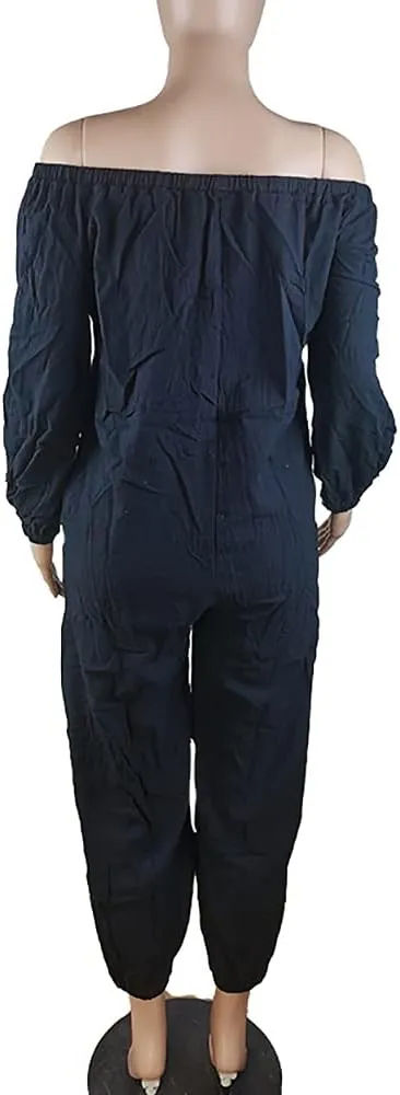 MESLIMA Women's Loose Fit Elastic Off Shoulder Beam Foot Long Sleeve Jumpsuit Rompers with Pockets Plus Size