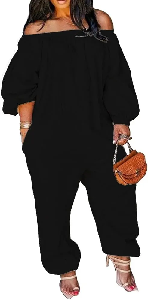 MESLIMA Women's Loose Fit Elastic Off Shoulder Beam Foot Long Sleeve Jumpsuit Rompers with Pockets Plus Size