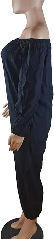 MESLIMA Women's Loose Fit Elastic Off Shoulder Beam Foot Long Sleeve Jumpsuit Rompers with Pockets Plus Size