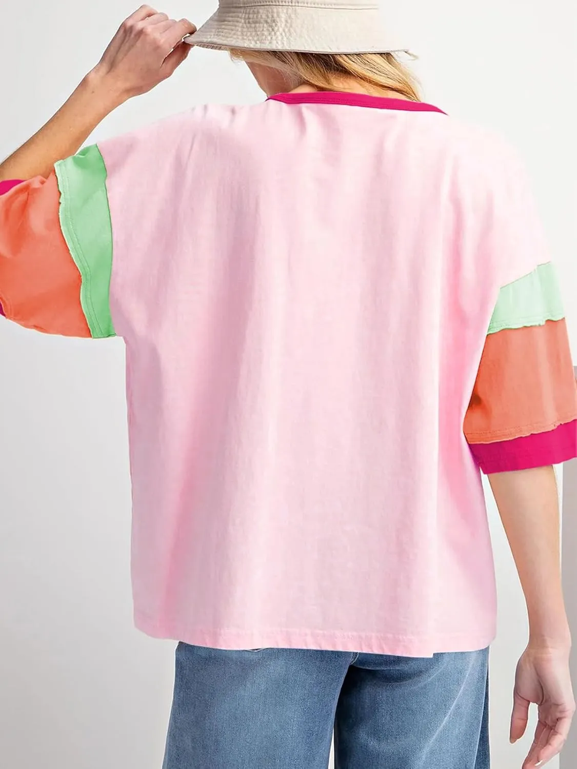 miduo Womens Casual Loose Fit Color Block Stitching Short Sleeve Crew Neck Top T Shirts
