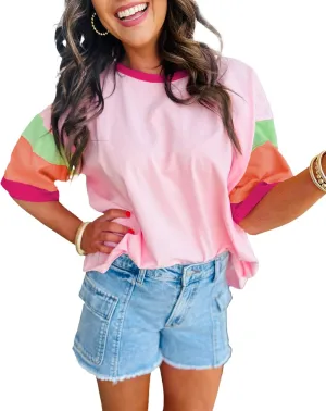 miduo Womens Casual Loose Fit Color Block Stitching Short Sleeve Crew Neck Top T Shirts
