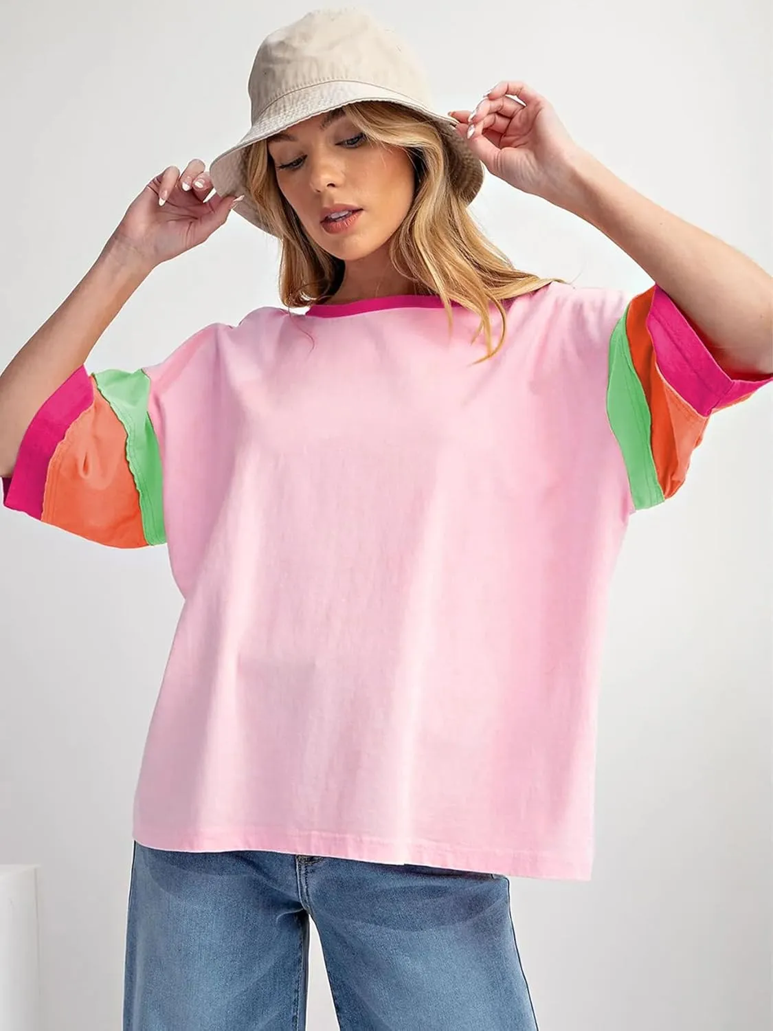 miduo Womens Casual Loose Fit Color Block Stitching Short Sleeve Crew Neck Top T Shirts