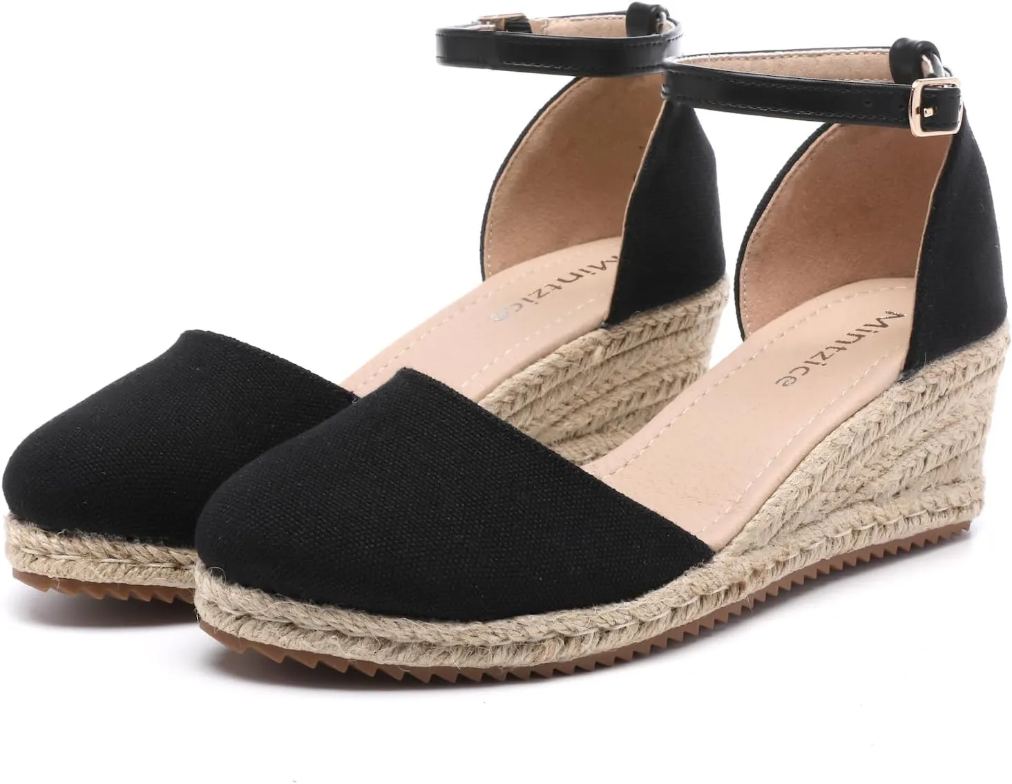 Mintzice Women's Closed Toe Solid Cross Vamp Ankle Strap Espadrille Wedge Sandals