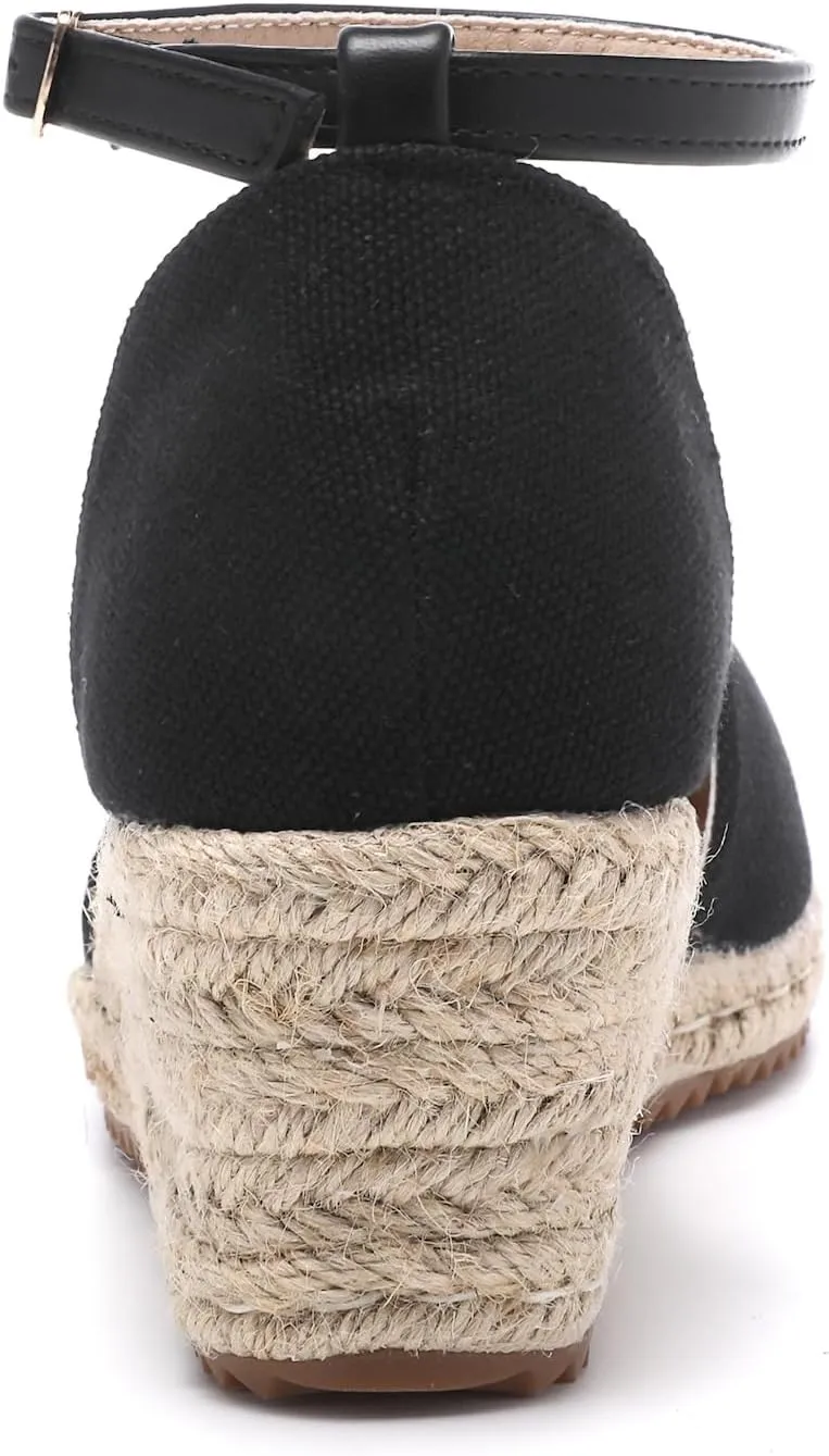 Mintzice Women's Closed Toe Solid Cross Vamp Ankle Strap Espadrille Wedge Sandals