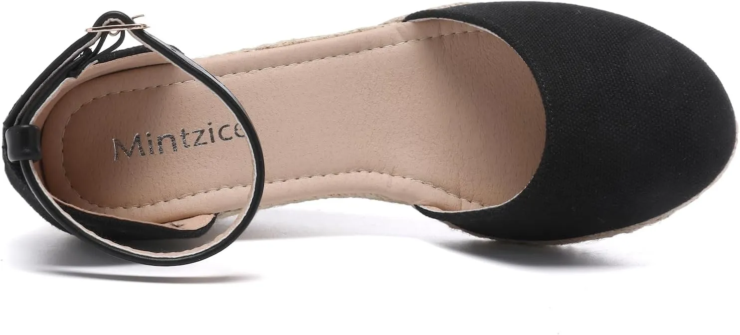Mintzice Women's Closed Toe Solid Cross Vamp Ankle Strap Espadrille Wedge Sandals