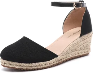 Mintzice Women's Closed Toe Solid Cross Vamp Ankle Strap Espadrille Wedge Sandals