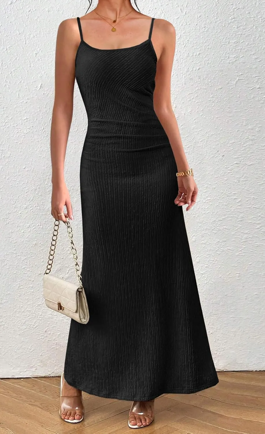 MITILLY Summer Slip Bodycon Maxi Dress Elegant Spaghetti Strap Textured Basic Sexy Ruched Dress for Women Cocktail Party