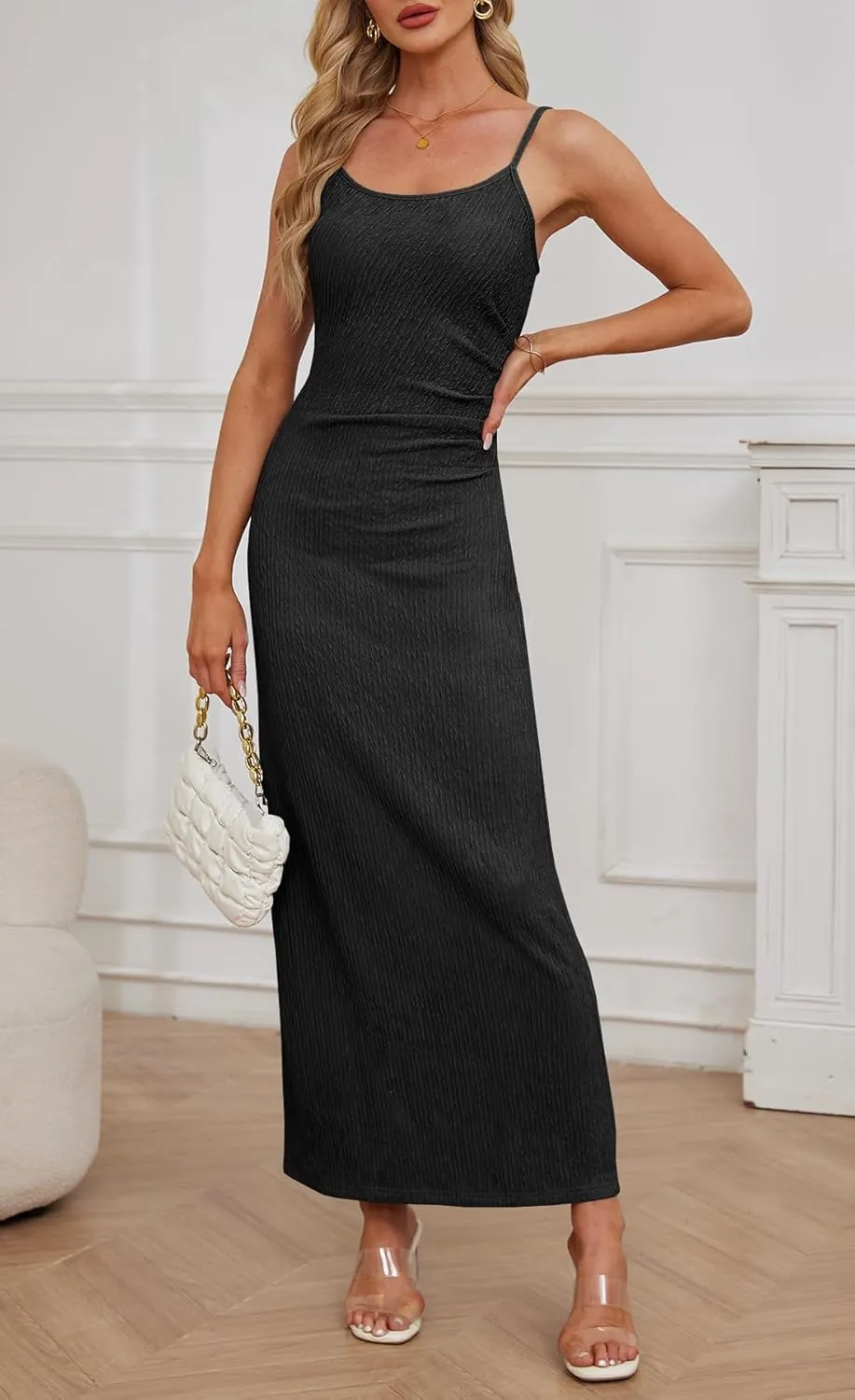 MITILLY Summer Slip Bodycon Maxi Dress Elegant Spaghetti Strap Textured Basic Sexy Ruched Dress for Women Cocktail Party