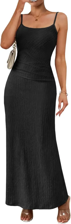 MITILLY Summer Slip Bodycon Maxi Dress Elegant Spaghetti Strap Textured Basic Sexy Ruched Dress for Women Cocktail Party