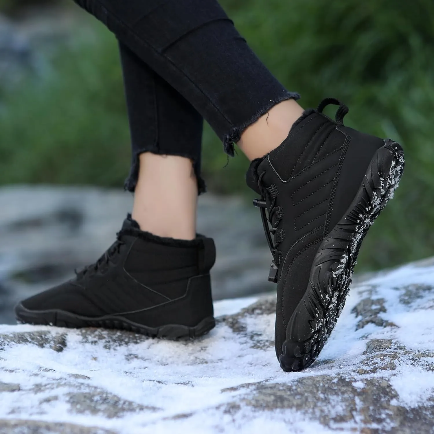 Mmoneyake Winter Snow Shoes for Women Men Warm Fur Lined Waterproof Snow Sneakers Wide Toe Box Zero Drop Ankle Booties Non-Slip Barefoot Outdoor Shoes Fashion Short Boots