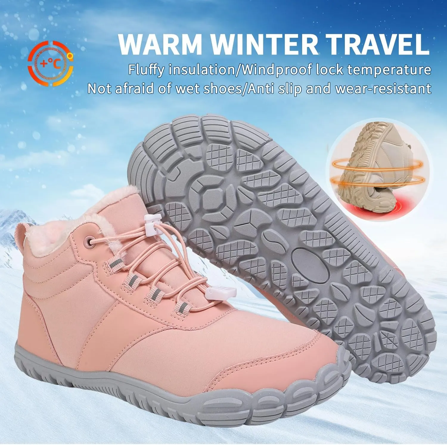 MOCHINI Snow Boots Mens Womens Winter Footwear Barefoot Shoes Warm Fur Lined Ankle Booties Hiking Trekking Trail Climbing Shoes Lace Up Anti-Slip Waterproof Hiking Boots, Wide Walking Shoes