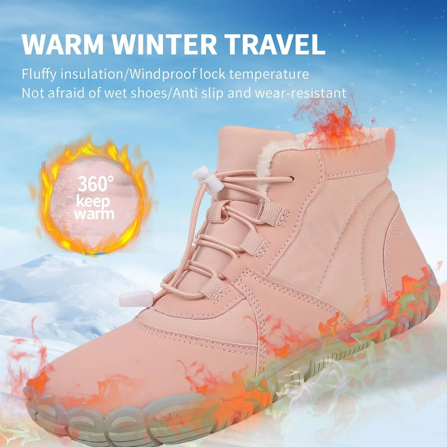 MOCHINI Snow Boots Mens Womens Winter Footwear Barefoot Shoes Warm Fur Lined Ankle Booties Hiking Trekking Trail Climbing Shoes Lace Up Anti-Slip Waterproof Hiking Boots, Wide Walking Shoes