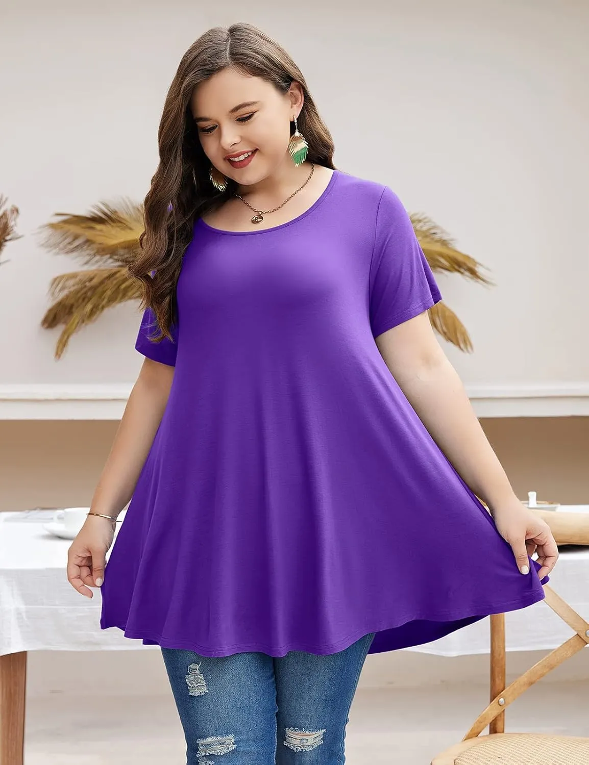 MONNURO Womens Short Sleeve Casual Loose Fit Flare Swing Tunic Tops Basic T-Shirt Plus Size
