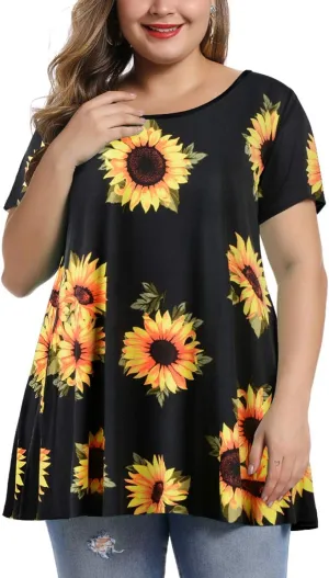 MONNURO Womens Short Sleeve Casual Loose Fit Flare Swing Tunic Tops Basic T-Shirt Plus Size