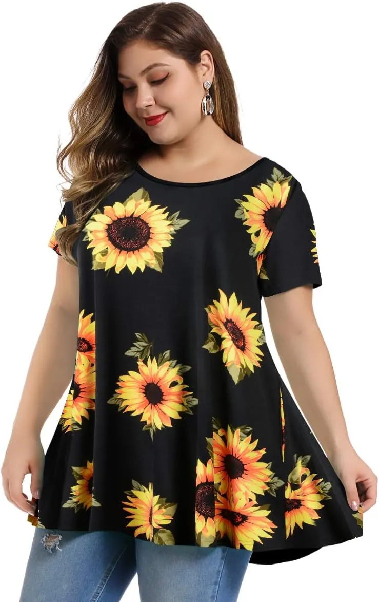 MONNURO Womens Short Sleeve Casual Loose Fit Flare Swing Tunic Tops Basic T-Shirt Plus Size