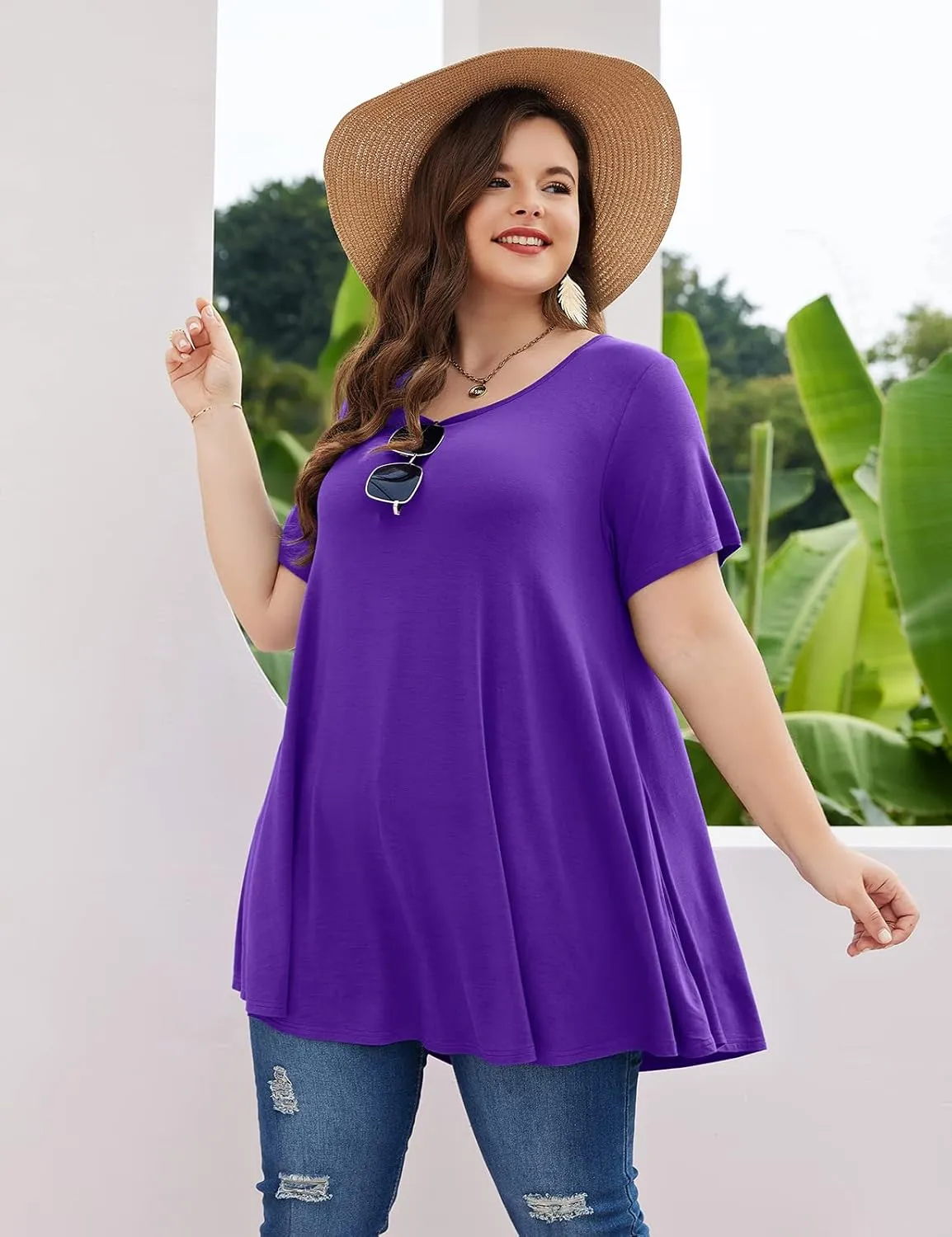 MONNURO Womens Short Sleeve Casual Loose Fit Flare Swing Tunic Tops Basic T-Shirt Plus Size