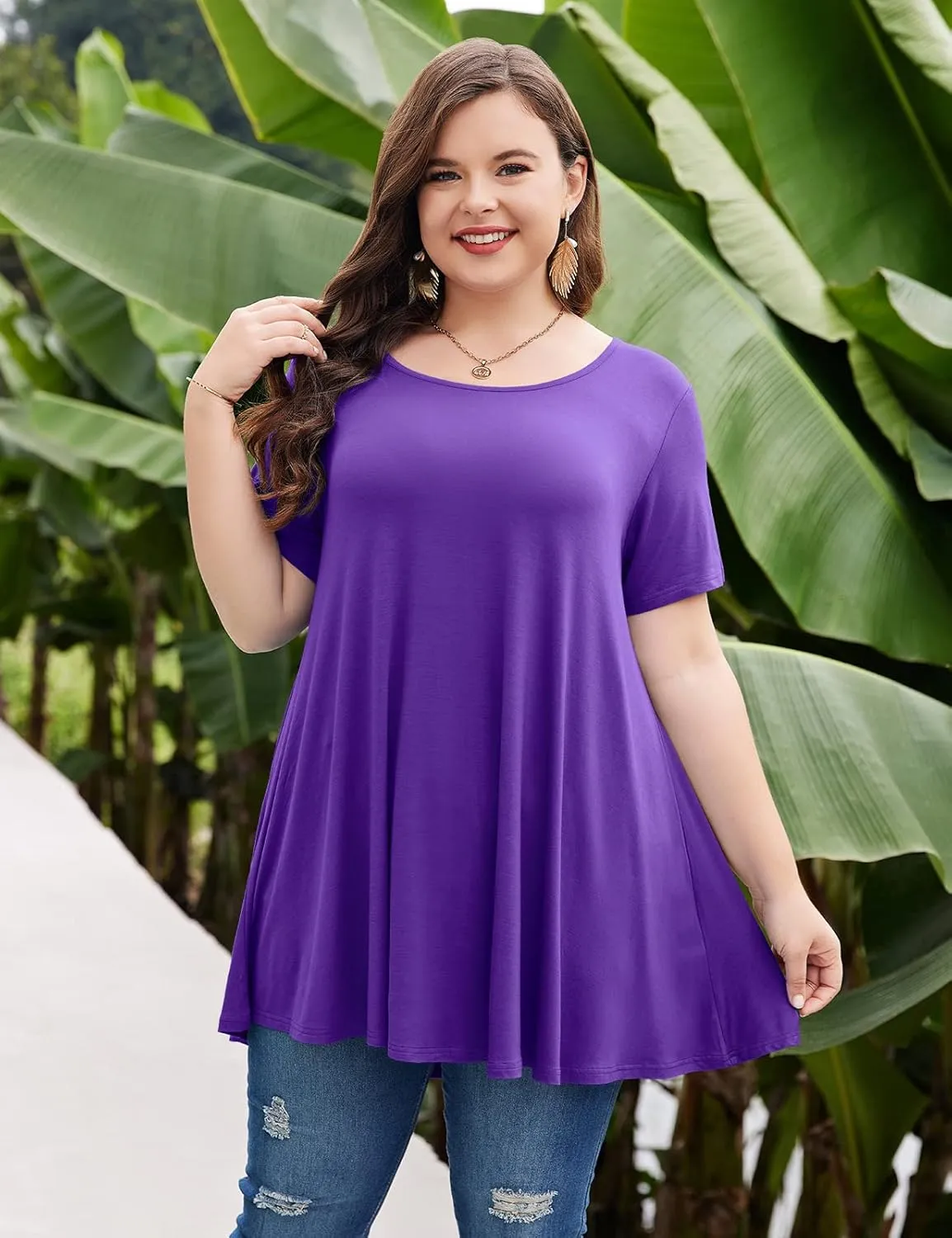 MONNURO Womens Short Sleeve Casual Loose Fit Flare Swing Tunic Tops Basic T-Shirt Plus Size