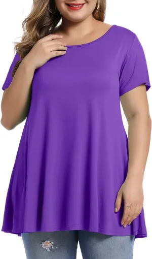 MONNURO Womens Short Sleeve Casual Loose Fit Flare Swing Tunic Tops Basic T-Shirt Plus Size