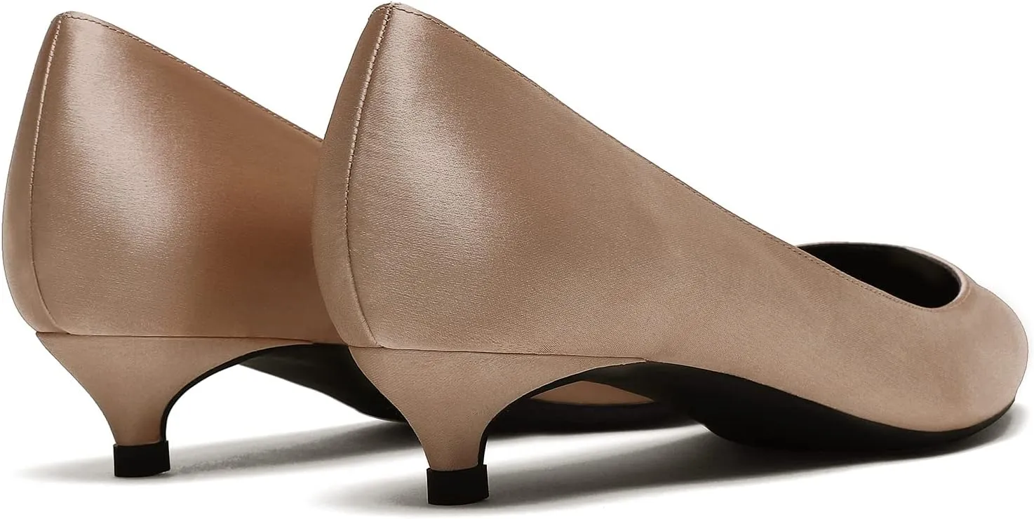 MOOMMO Low Kitten Heel Pumps for Women Pointed Toe Satin Dress Shoes Slip On 1 Inch Low Heel Work Pumps Comfy Basic Casual Office Evening Party Bridal Pump Shoes 4-13 M US