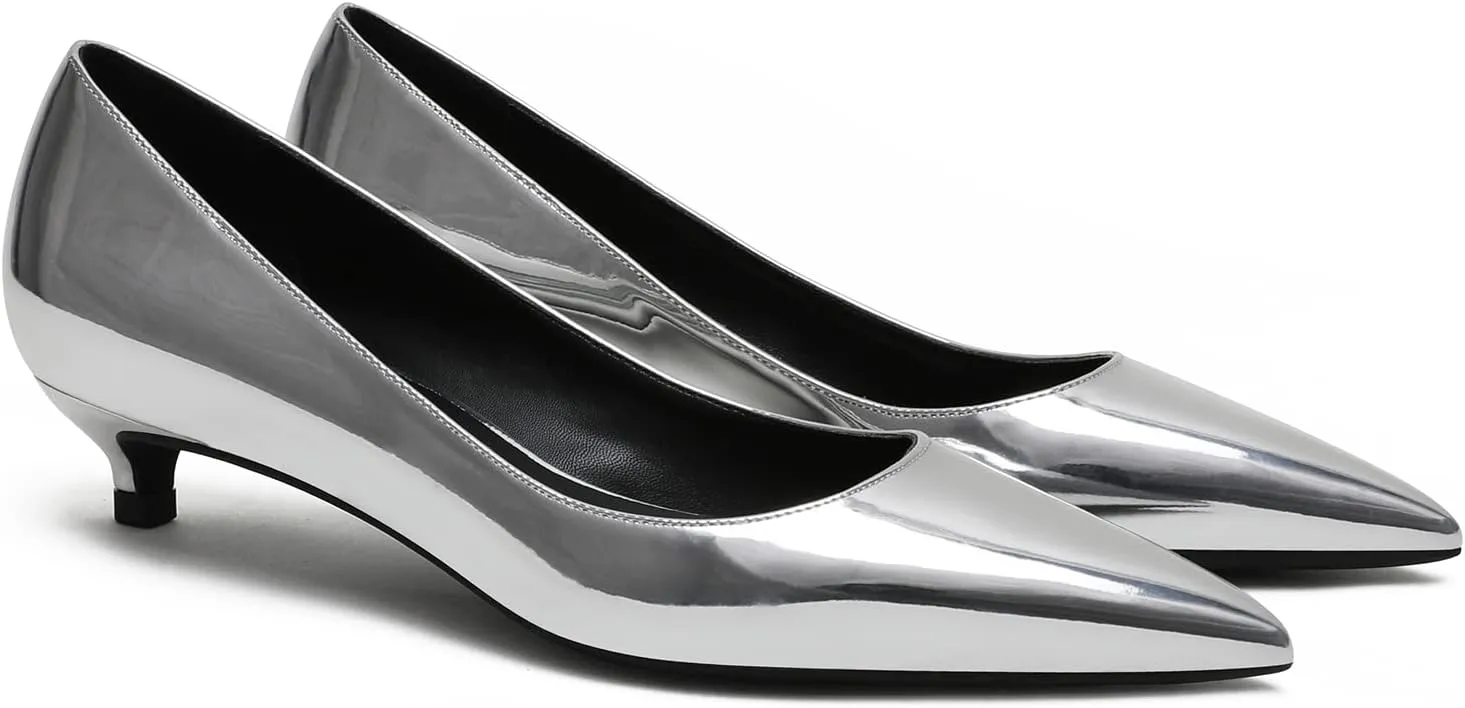 MOOMMO Low Kitten Heel Pumps for Women Pointed Toe Satin Dress Shoes Slip On 1 Inch Low Heel Work Pumps Comfy Basic Casual Office Evening Party Bridal Pump Shoes 4-13 M US